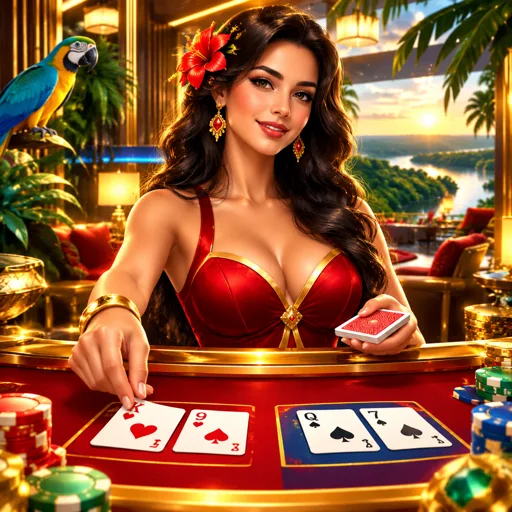 Mesa de baccarat com dealer revelando cartas